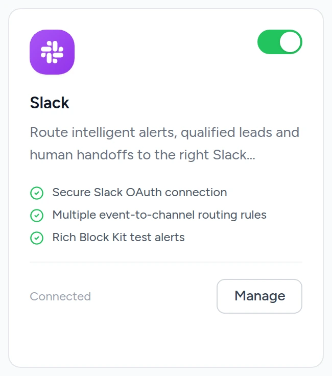 The Slack card on the Integrations page