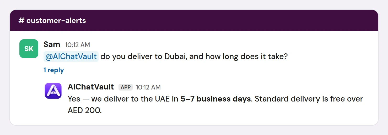 A Slack channel message mentioning the bot and the bot’s reply in a thread