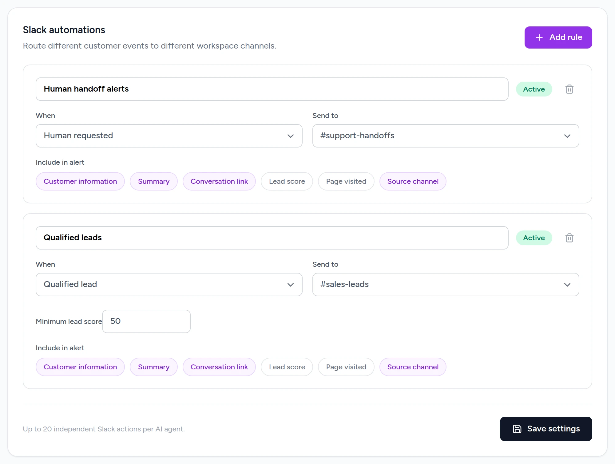 The Slack automations section showing a Qualified lead rule with a minimum lead score of 50