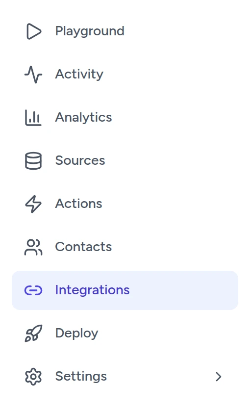 The chatbot sidebar with Integrations highlighted